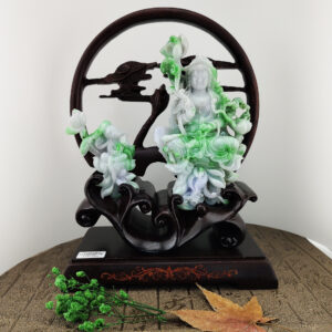 天然翡翠A貨翠綠童子拜觀音擺件
